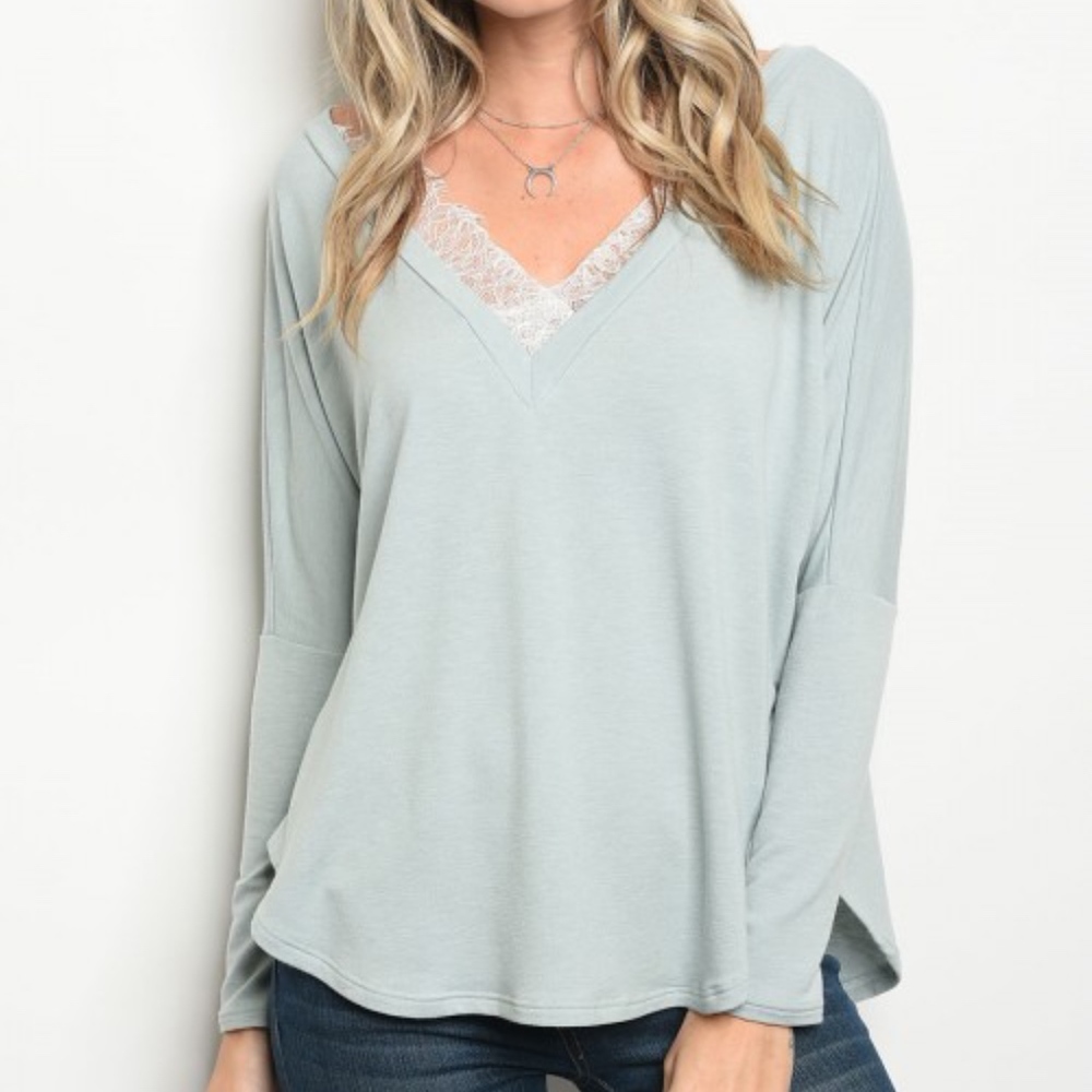 Lightweight Sage V Neck Lace Trimmed Top USA Made